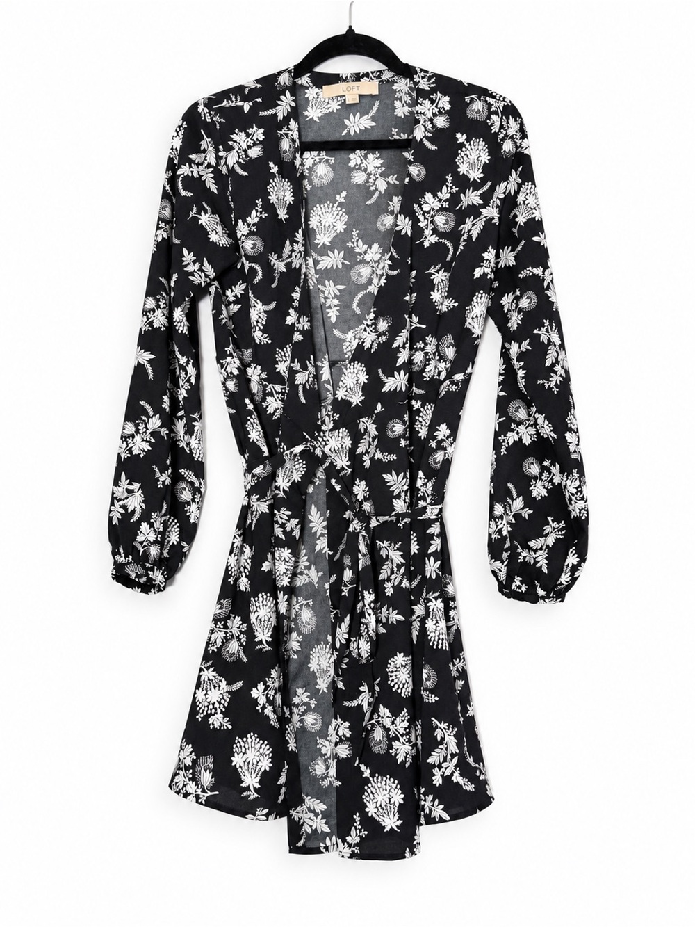LOFT Black & White Floral Belted Kimono Duster Size 0